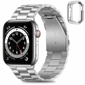 コンパチブル Apple Watch バンド 45/44/42mm アップルウォッチバンド 保護ケース付き ステンレスメタル腕時計バンド SEシリーズ (銀)