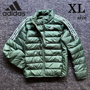 1円〜 送料無料 新品 アディダス エッセンシャルズ ダウンジャケット XLsize adidas DOWN 軽量 保温 ダックダウン80% 緑 ストライプ ウェア