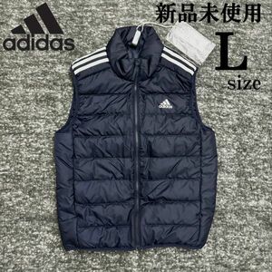 1円〜 adidas DOWN VEST Lsize アディダス ダウンベスト ネイビー 紺 軽量 ウェア 茶 スポーツ ゴルフ ダウン80 ロゴプリント 保温 重ね着