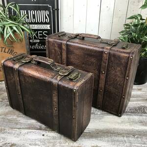  free shipping antique Vintage style trunk type leather case large small two point set storage BOX in dust real leather box case 