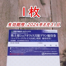 《送料63円～》東急不動産 株主優待 シェアオフィス月額プラン優待券１枚◇ビジネスエアポート◆24/8/31迄_画像1