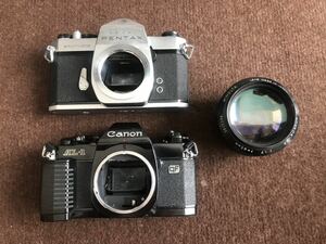 Canon AL-1のカメラ　PENTAX SPOTMATICのカメラ　MINOLTA 85mm 1;1.7のレンズ　　カメラとレンズ３点セット