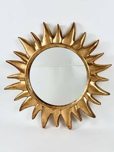 イタリア製★太陽の鏡 ウォールミラー 直径45㎝ 壁掛け 鏡 アンティークゴールド 銀 ウッドフレーム ヴィンテージ インテリア 姿見 職人 匠