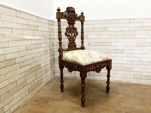イギリス 英国 アンティーク エンジェル 彫刻 チェア ダイニングチェア 木製 椅子 (Ａ)