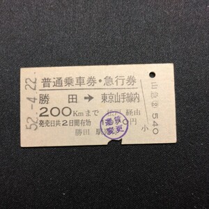 【8637】硬券 A型 普通乗車券・急行券 勝田→東京山手線内