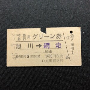 【0515】硬券 A型 特急・急行用 グリーン券 旭川→網走