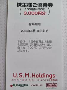 USMH 株主優待券 3000円分　カスミ マルエツ マックスバリュ関東　期限：2024年6月30日まで