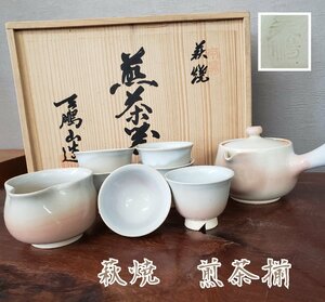 【未使用】茶器セット　萩焼　煎茶揃　白　お茶会　来客用　椿窯　天鵬山造　茶陶　煎茶道具　共箱　湯さまし　急須　６客　来賓【80k23】