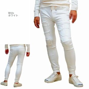 新品★ジョガーパンツ メンズ スキニー ジーンズ ストレッチ デニム サンドブラスト ダメージ リペア (Mサイズ）ホワイト