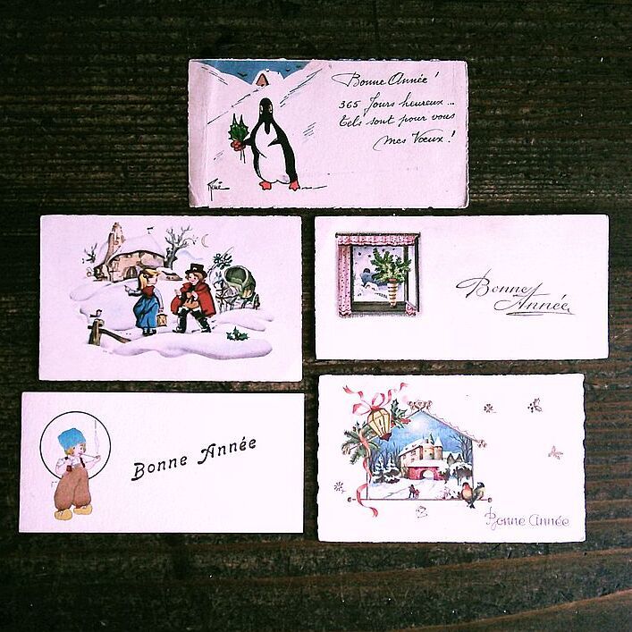 مجموعة من 5 (15) ◆ بطاقة صغيرة عتيقة على شكل زهرة للفتيات S47 ◆ بطاقة تهنئة لعيد الميلاد في فرنسا وألمانيا والمملكة المتحدة لرأس السنة الجديدة, العتيقة, مجموعة, بضائع متنوعة, بطاقة بريدية