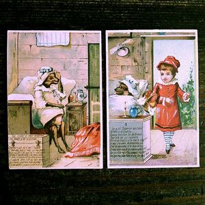 フランス アンティーク クロモス２枚セット (H)◆U25 子供 少女 赤ずきん オオカミ クロモカード 