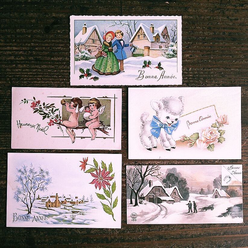 مجموعة من 5 (2) ◆ بطاقة صغيرة عتيقة على شكل زهرة للفتيات S47 ◆ بطاقة تهنئة لعيد الميلاد في فرنسا وألمانيا والمملكة المتحدة لرأس السنة الجديدة, العتيقة, مجموعة, بضائع متنوعة, بطاقة بريدية