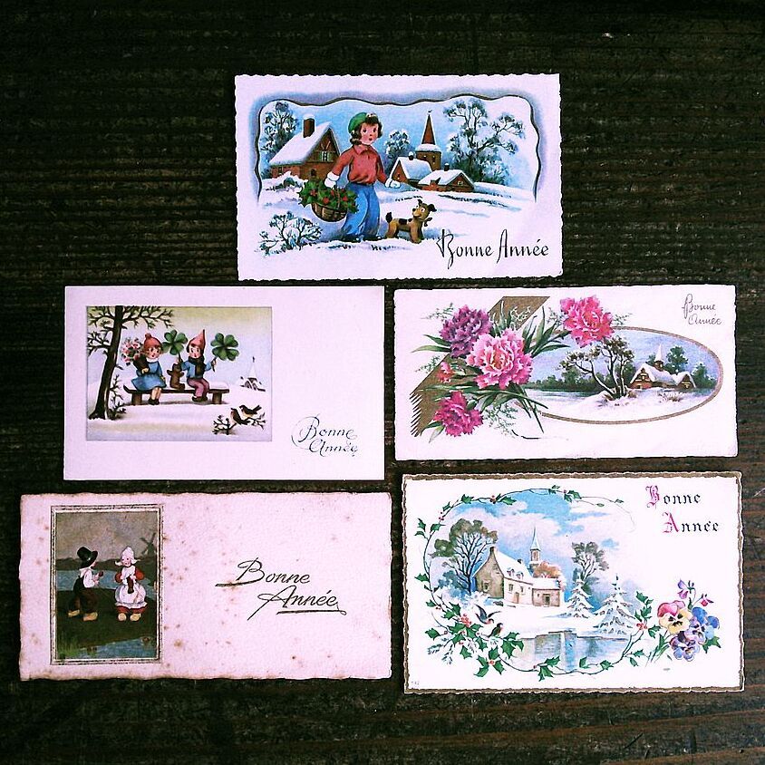 件套 (9) ◆S47 儿童女孩花朵古董迷你卡片 ◆新年圣诞节法国德国英国贺卡, 古董, 收藏, 杂货, 图片明信片