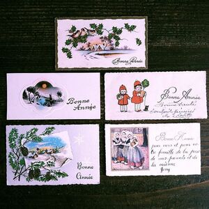 Art hand Auction Set of 5 (14) ◆S47 Children Girl Flower Antique Mini Card ◆New Year Christmas France Germany UK Greeting Card, antique, collection, miscellaneous goods, picture postcard