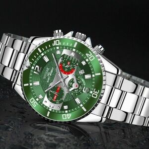 グリーンメンズ腕時計　スーツカジュアル　送料無料デイト銀緑クォーツ