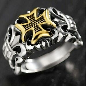 メンズシルバークロスユリリング 指輪 ラグジュアリーアンティーク彫り 金銀