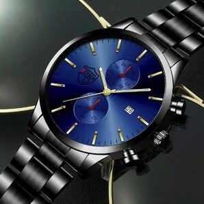 ブラック青　メンズカジュアル腕時計クォーツ電池式ビジネスシンプルカレンダーデイト黒 ブルー 日本未発売