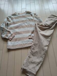 訳あり★150★UNIQLO★ルームウェア★プーさん★ディズニー★ベージュ系★ボーダー柄★パジャマ★上下セット★モコモコ★ユニクロ