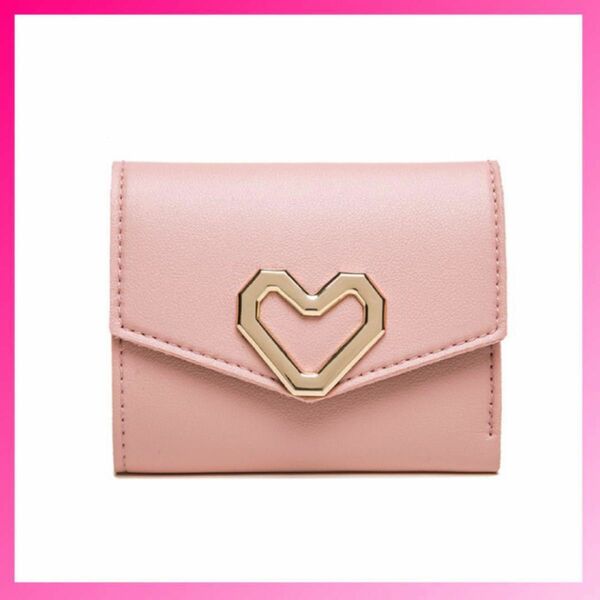 ピンク　三つ折り財布　ハート　カード入れ　お札入れ　透明窓　薄型　コンパクト