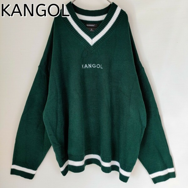 【ビッグサイズ】KANGOL カンゴール☆センター刺繍ロゴ付ニット／セーター　フリーサイズ（XL-3L相当）　Green 緑　美品