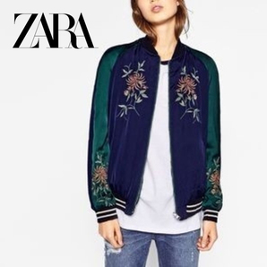 ZARA スカジャン リバーシブル キルティング グリーン ネイビー サテンの画像1