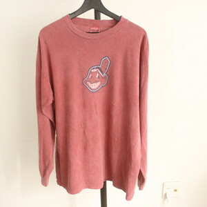 E187 2007年製ビンテージ COMFORTCOLORS 長袖プリントTシャツ MLB インディアンス■00s 表記Lサイズ エンジ ロンT ゲーム アメカジ 古着卸