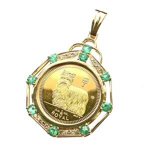 美品 犬金貨 エリザベス女王二世 ジブラルタル 1997年 K18/24 純金 6.6g 1/10オンス コイン マルチ ダイヤモンド ペンダントトップ
