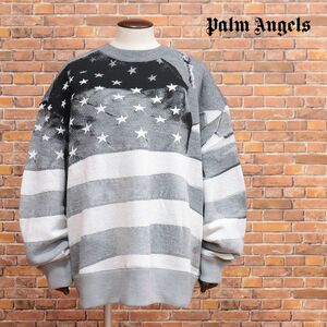 1円/秋冬/Palm Angels/XLサイズ/ジャガード ニット PMHE041F22KNI00 JQRD FLAG SWEATER アメリカ国旗柄 イタリア製 新品/グレー×白/ib405/