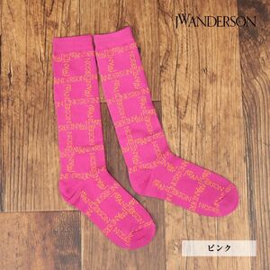 1円/JW Anderson/S(22-24cm)/ハイソックス KW0589 YN0180 ロゴ レタード ジャガード 男女兼用 靴下 インポート 新品/ピンク/hb328/