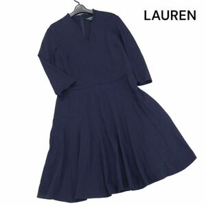 LAUREN ローレン ラルフローレン 通年 Vネック♪ 長袖 ストレッチ フレア ワンピース ドレス Sz.M　レディース ネイビー　K3T01267_C#F