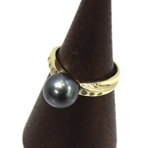 K18 タヒチ パール 真珠 ダイヤリング 指輪 12号 9.0mm 0.07ct 4.4g KA 磨き仕上げ品 Aランク