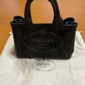 極美品　PRADA プラダ カナパ トートバッグ 黒灰デニム 2way