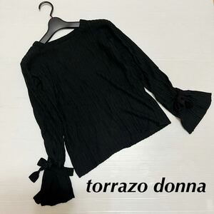 TORAZZODONNA 黒ブラック袖リボンプルオーバーセーターカットソー