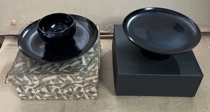 【No.487】茶道具 茶道 漆塗 天目台 盃台 セット 黒漆 茶席 工芸品 漆器 茶事 懐石 茶懐石道具 紙箱付き 現状品