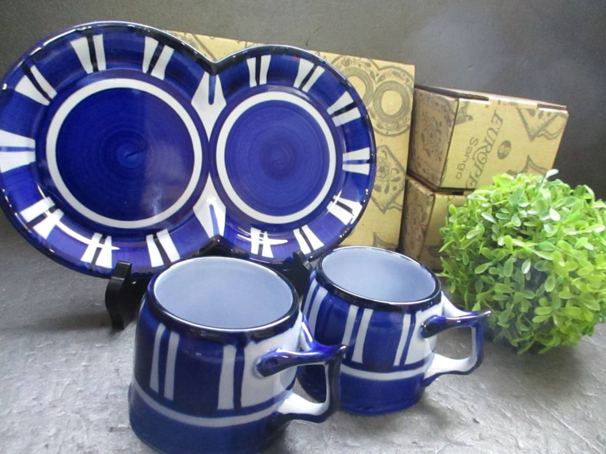 [Unused, boxed, rare] European hand-painted Sango snack tray & coffee mug set of 2, pair of saucers, hand-painted, rare, Tea utensils, Mug, Ceramic