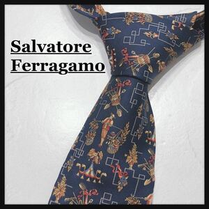 ☆Ferragamo☆ フェラガモ ネクタイ ブランドネクタイ ブルー 総柄 シルク メンズ 男性 紳士 スーツ フォーマル オシャレ 送料無料