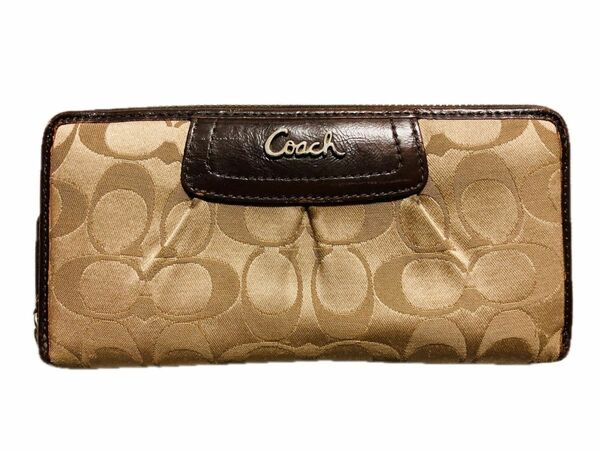 中古 コーチ フルジップ 長財布 カード入 お札 小銭 コイン シグネチャー ベージュ COACH ロング ワレット ファスナー