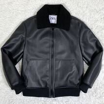 【美品】ZARA ザラ ダブルフェイス フェイク ムートン ボアジャケット フェイクレザー ブラック 黒 Lサイズ_画像2