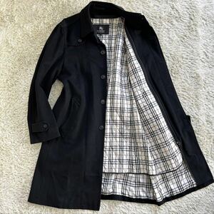 稀少LLサイズ!! 高級アンゴラ素材!! バーバリーブラックレーベル BURBERRY BLACK LABEL ステンカラーコート ライナー ノバチェック 比翼 黒