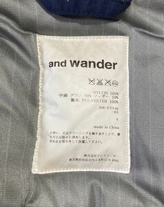 1円スタート 美品 and wander アンドワンダー ダウンジャケット サイズ 4ノースフェイス、デサント、ネイタルデザイン.ナンガ 等好きな方へ