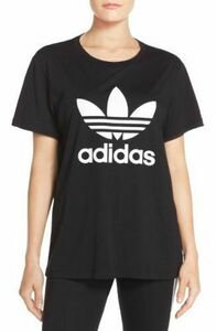 Z290 Adidas アディダス トレフォイル ボーイフレンド Tシャツ カットソー 半袖 ロゴ プリント サイズ L レディース ブラック ビッグ 古着