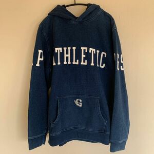 90s old GAP athletic プルオーバースウェット パーカー　インディゴ染デニム風ネイビー　紺色 Lサイズ