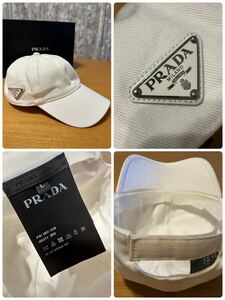 名作 本物 PRADA プラダ プレート ロゴ 2HC274 2DXI ベースボールキャップ 野球帽 帽子 ホワイト コットン L