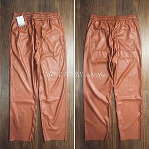 新品 ZARA フェイクレザーパンツ Lサイズ BROWN メンズ ザラ パンツ ボトムス ポケット4箇所 ウエストゴム 調整紐付き