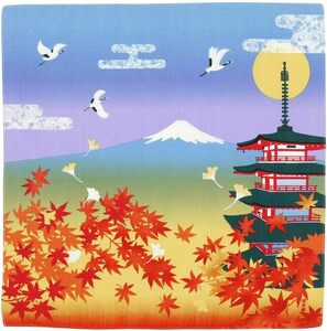 濱文様　小布　紅葉　五重塔　富士山　ブルー　約50×50cm　綿100％　日本製　新品