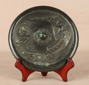『唐・青銅器彫・龍鳳紋鏡』極細工 置物 古賞物 中国古玩 中国古美術