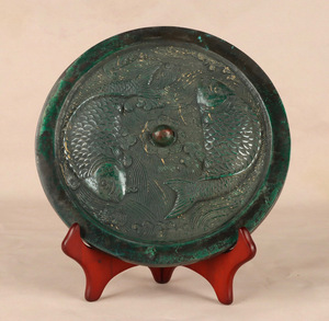『唐・青銅器彫・雙魚紋鏡』極細工 置物古賞物 中国古玩 中国古美術