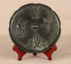 『漢・青銅器彫・鳳鳥人物紋鏡』極細工 置物 古賞物 中国古玩 中国古美術