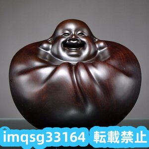 仏教工芸品 美品★ 黒檀木 約8cm 木彫り弥勒仏像の置物