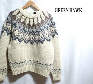 ☆肉厚で上質です　☆GREEN HAWK　☆ウールマーク　☆ノルディックセーター　☆ロピーセーター　☆カウチンニット　☆メンズ　☆Ｌ